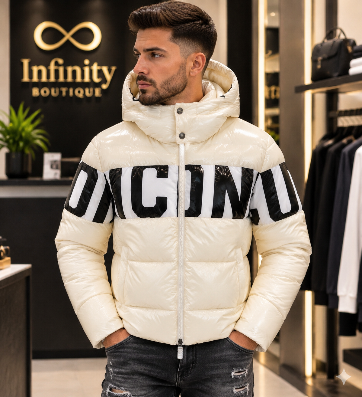 Giubbotto Uomo con Cappuccio ICON – avorio e Nero