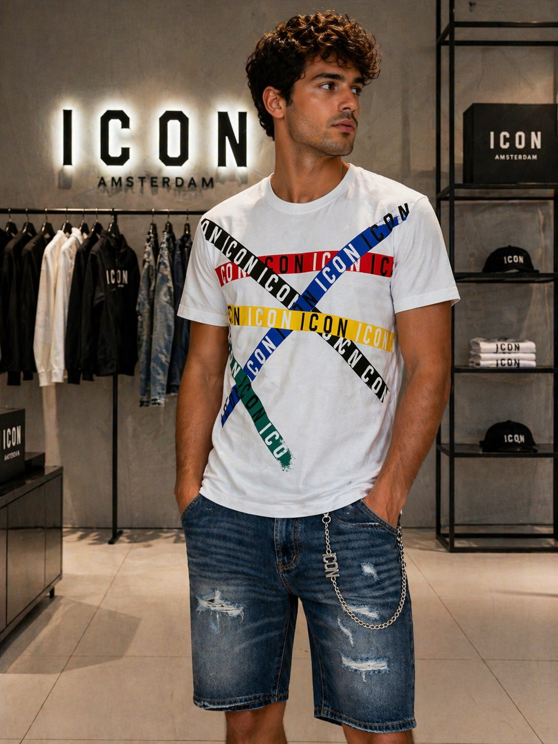T-shirt ICON con stampa multicolor a bande incrociate