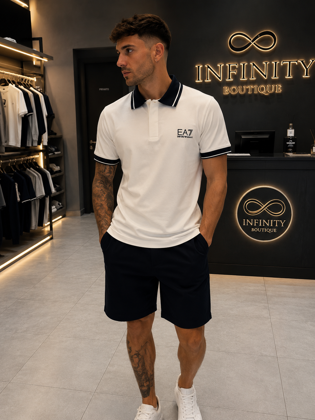 Polo EA7 Emporio Armani Panna con Colletto a Contrasto