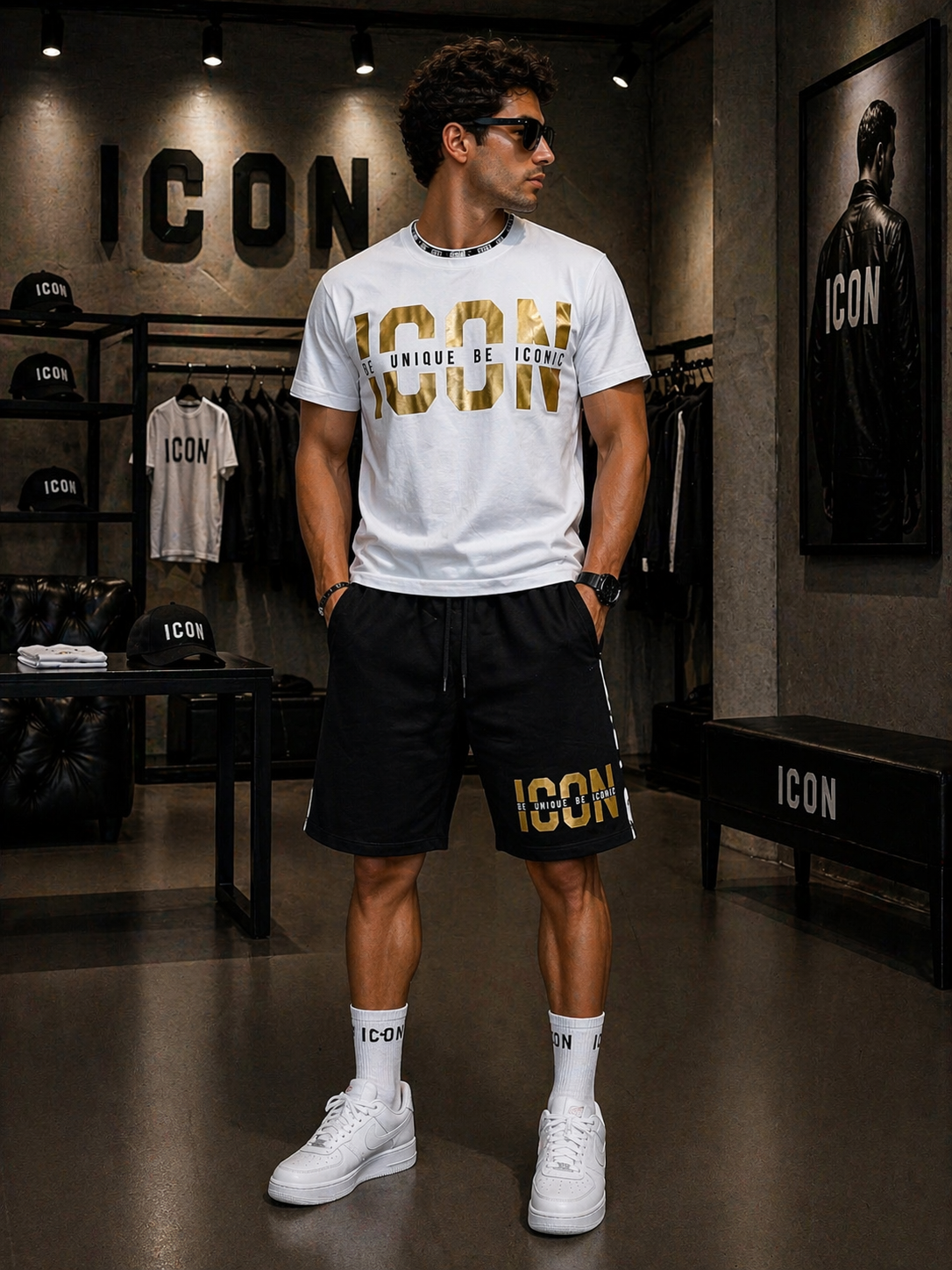 Completo ICON t-shirt + bermuda con logo gold