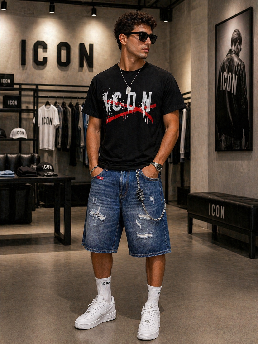 Bermuda denim ICON con stampa grafica posteriore