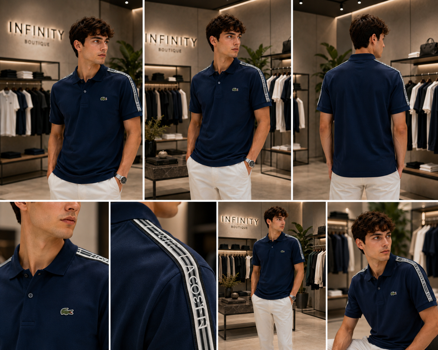 Polo Lacoste blu navy con banda logo sulle spalle