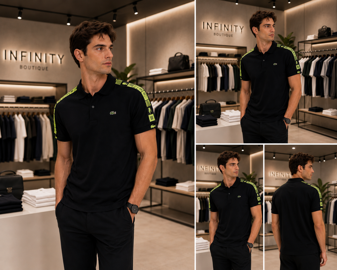 Polo Lacoste Uomo Total Black Banda Logo Verde Fluo
