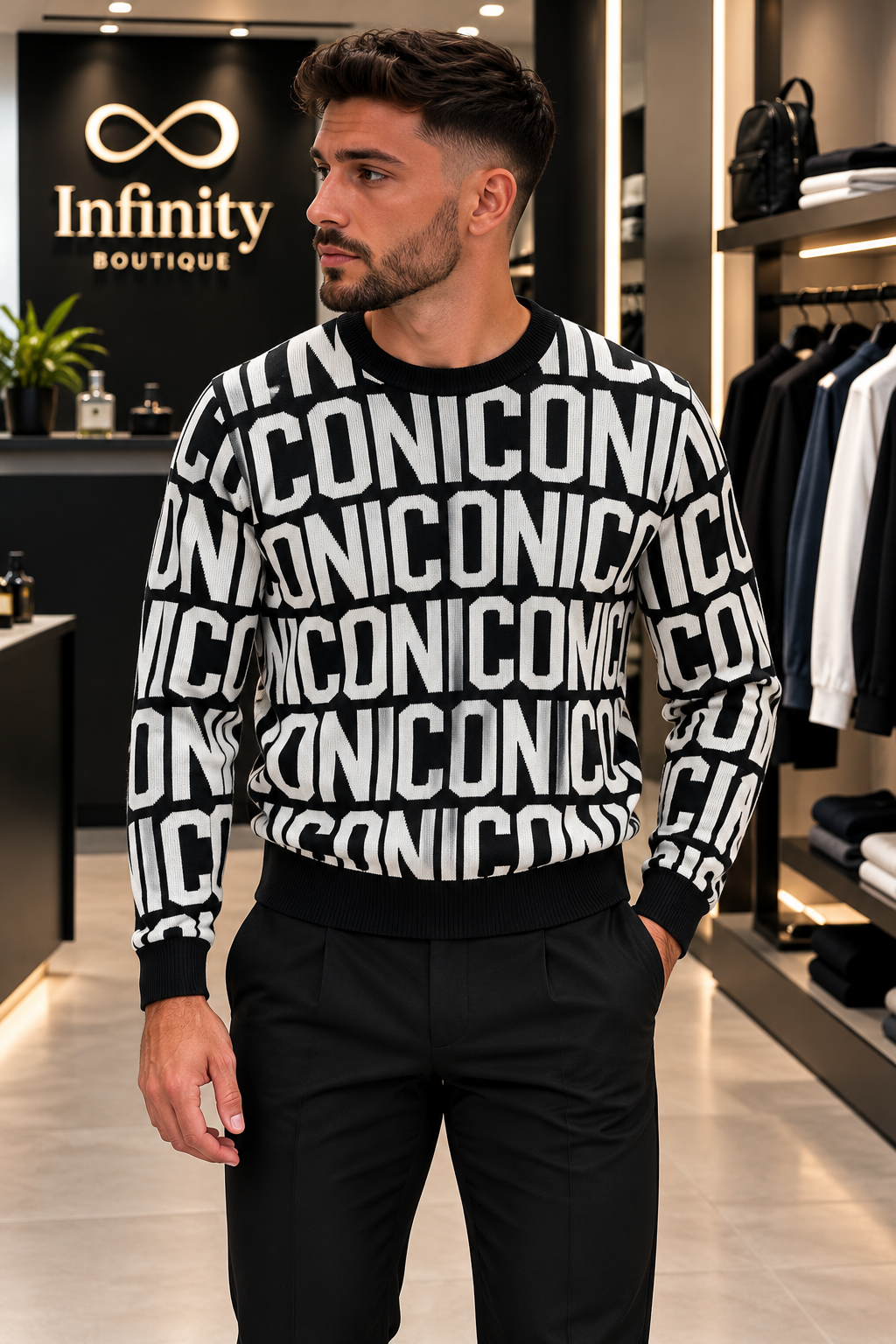 Maglioncino Uomo ICON Total Print – Bianco e Nero