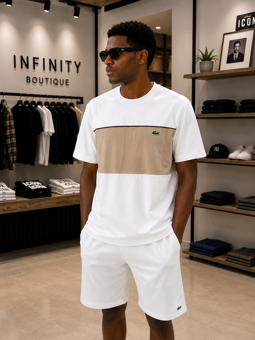 Lacoste T-Shirt Uomo Colorblock Beige & White Classic Fit