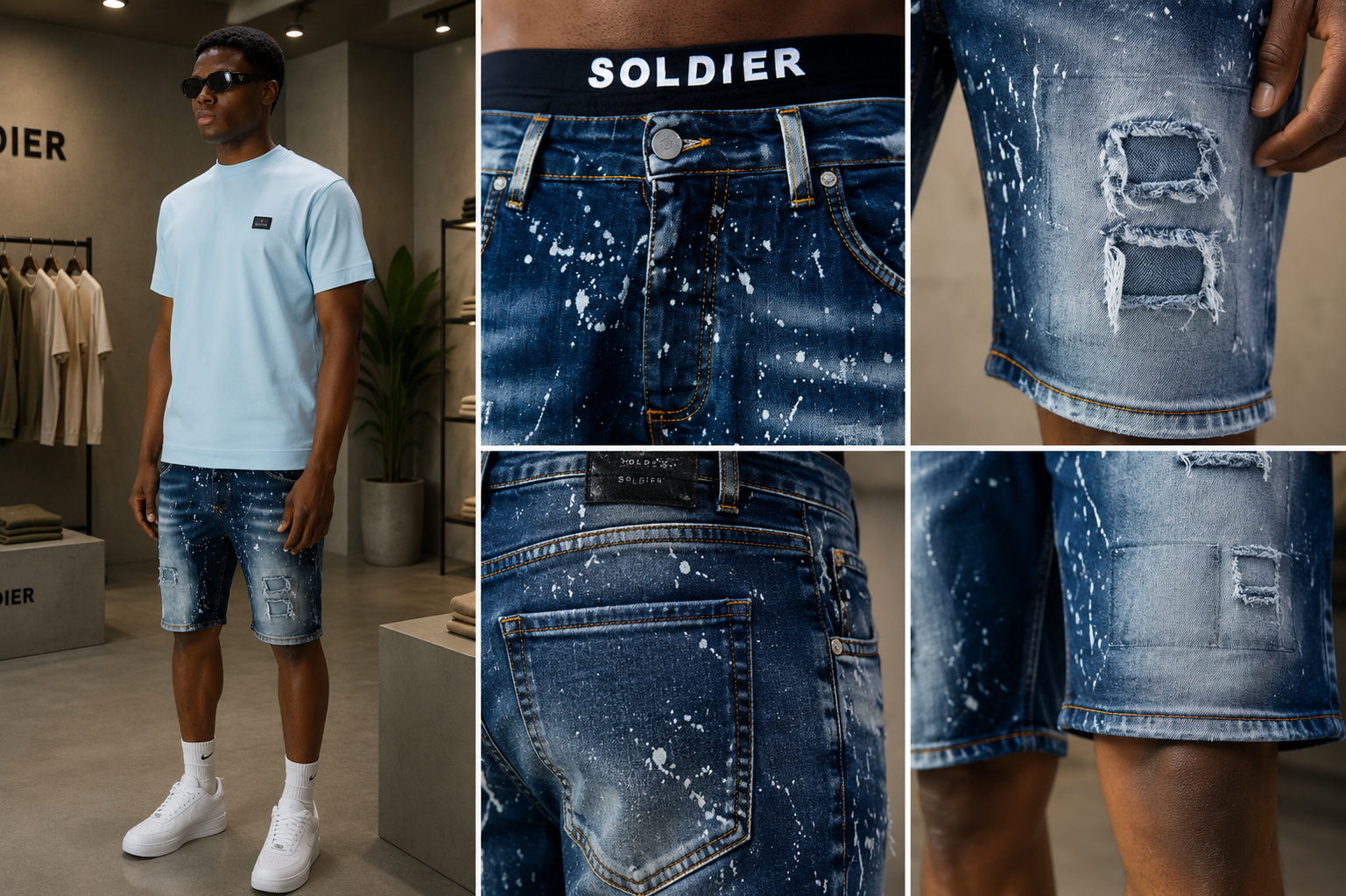Bermuda Jeans Blue Washed Paint Effect – Soldier