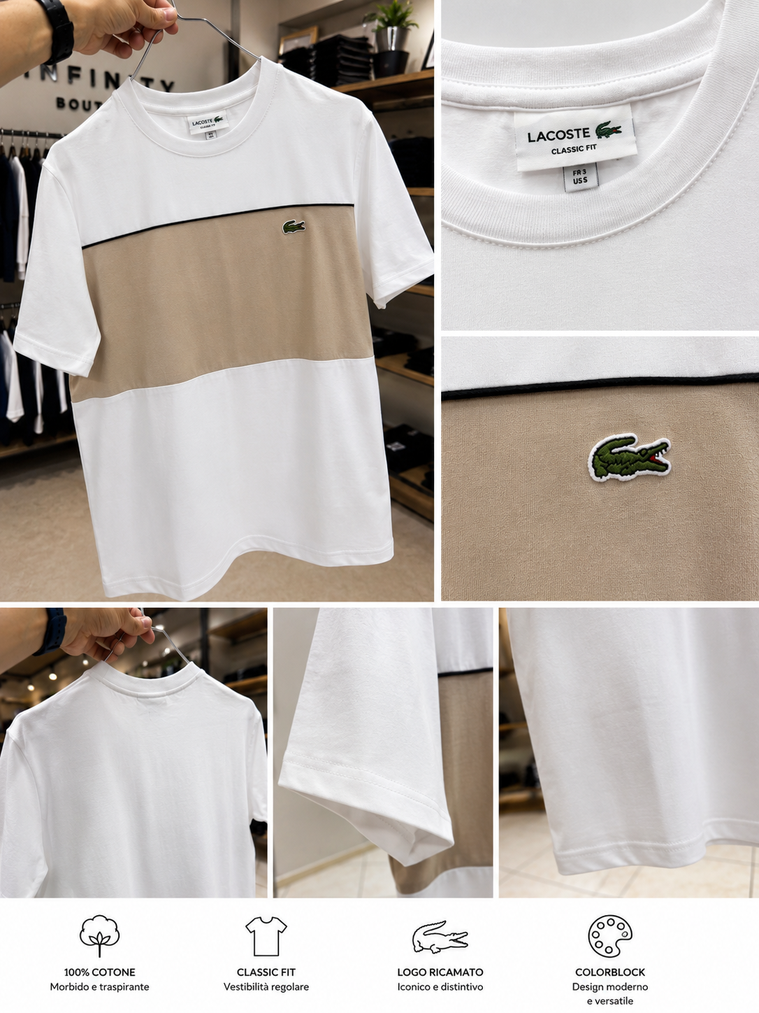 Lacoste T-Shirt Uomo Colorblock Beige & White Classic Fit