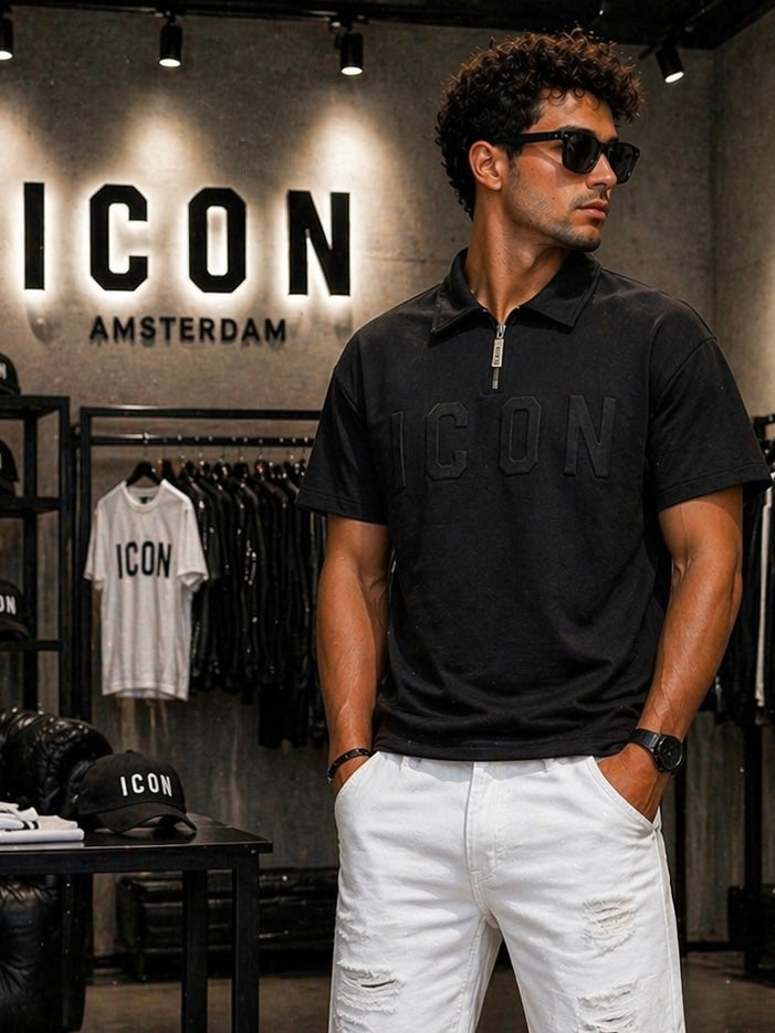 Polo ICON con zip e logo embossed tono su tono