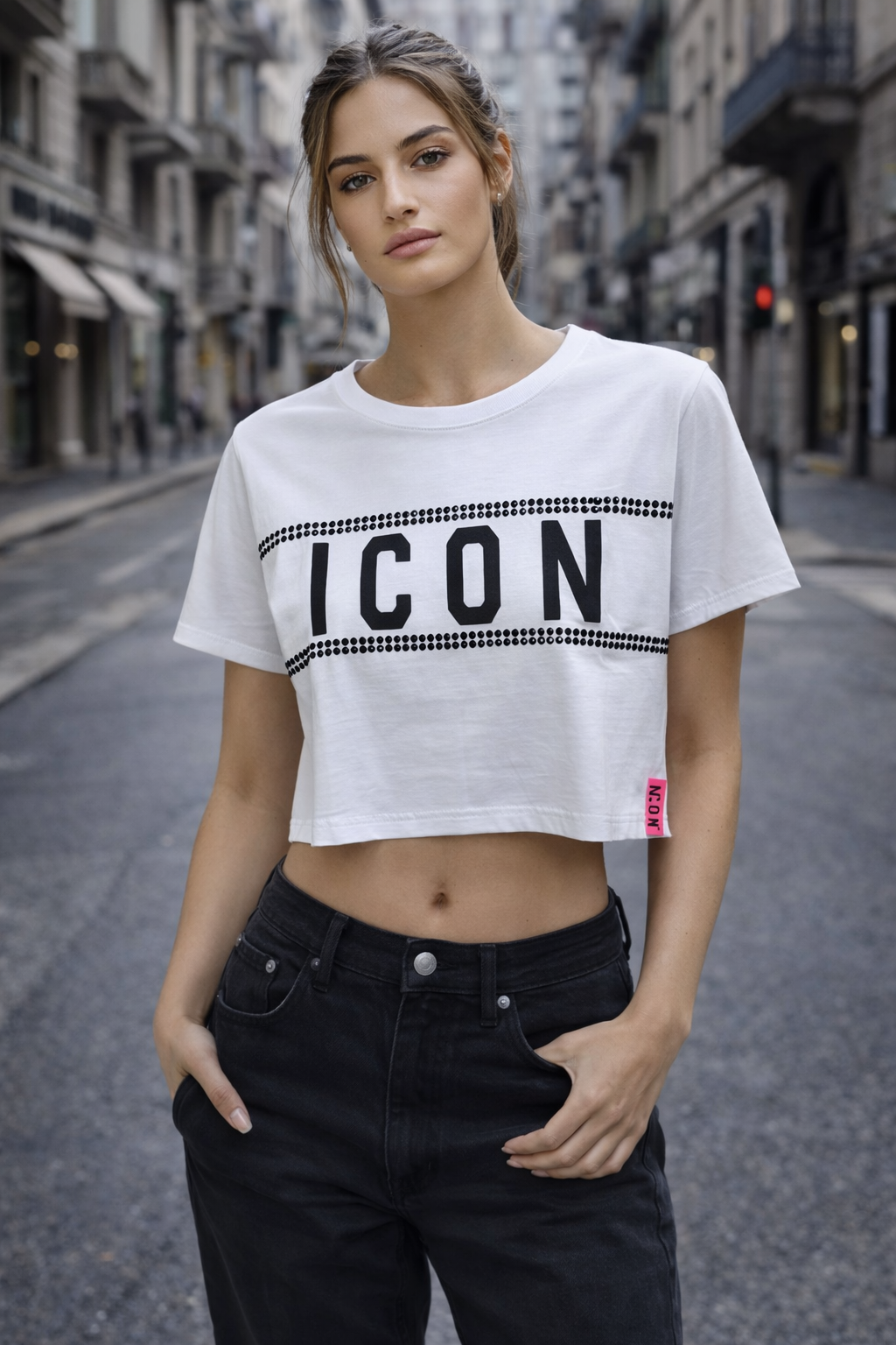 T-shirt Cropped ICON con Strass – Donna