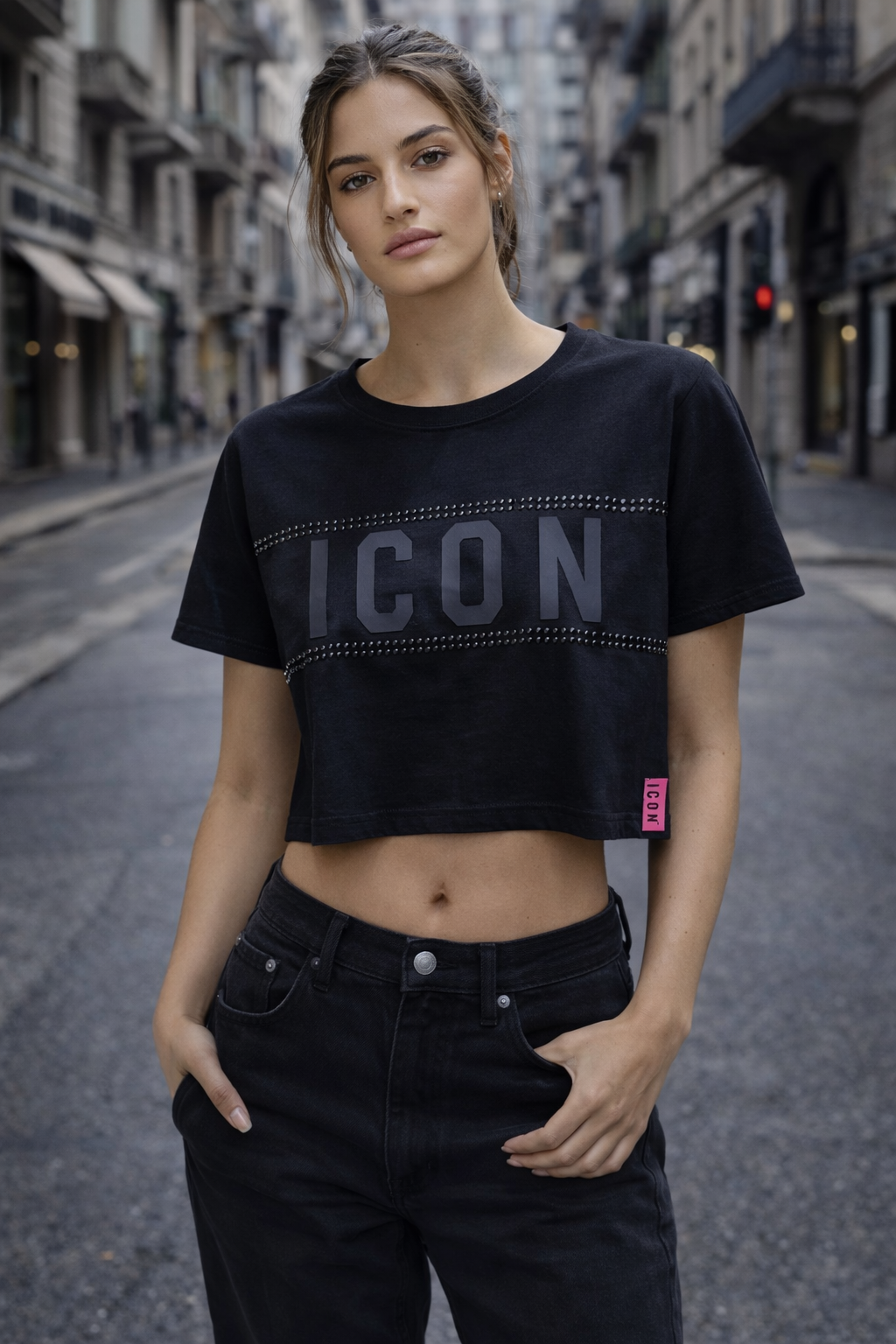 T-shirt Cropped ICON con Strass – Donna
