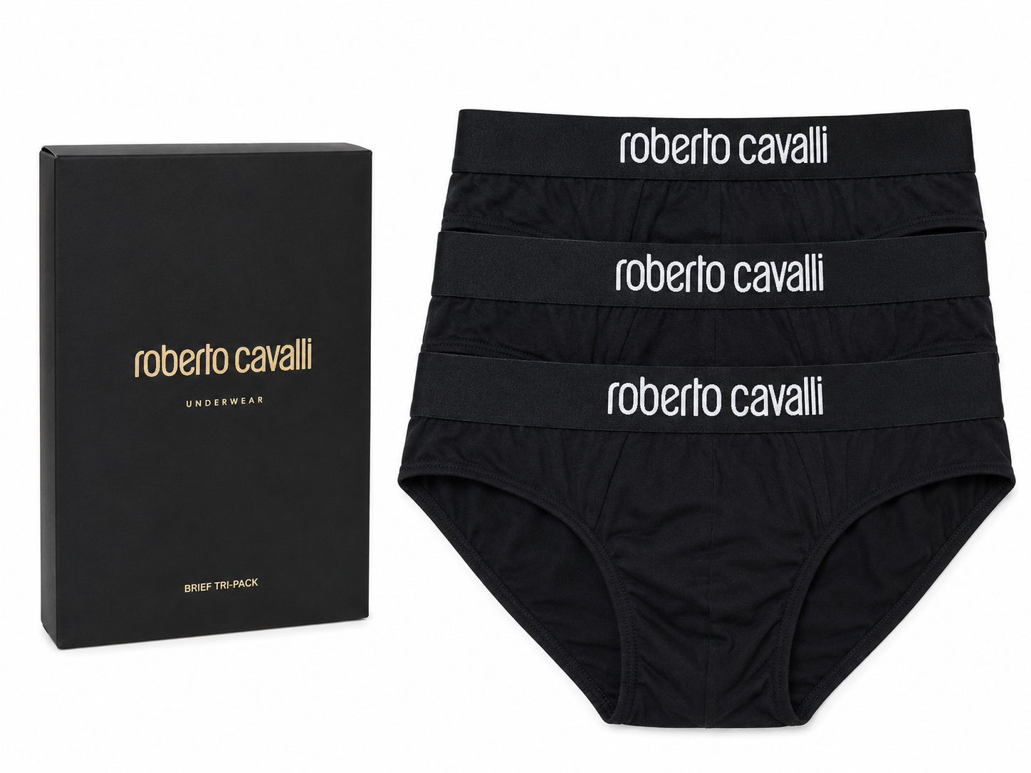 Roberto Cavalli Slip Uomo Brief Tri-Pack Nero in Cotone Elasticizzato