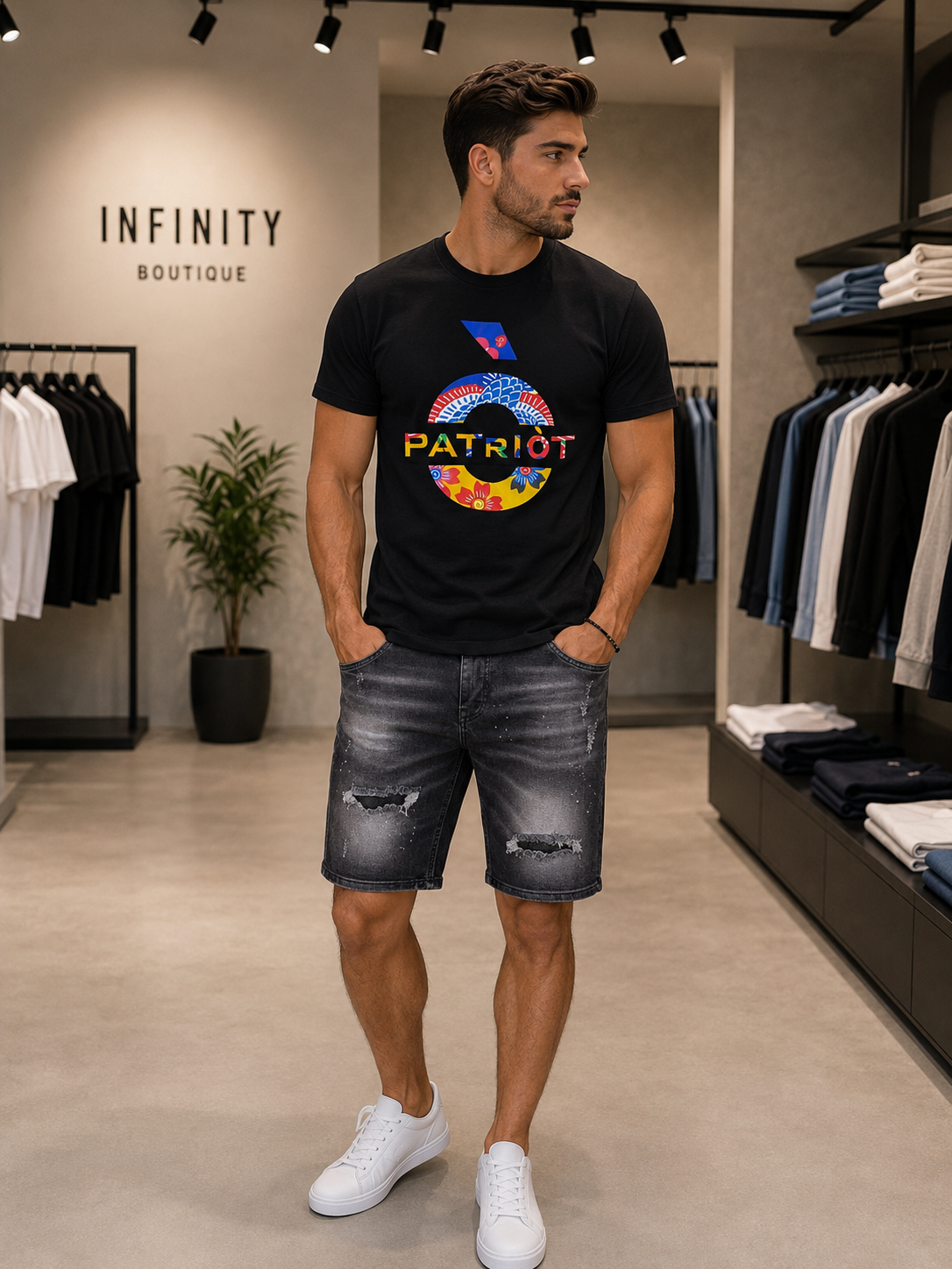 T-Shirt Uomo Patriot Nera con Maxi Logo Multicolor Streetwear