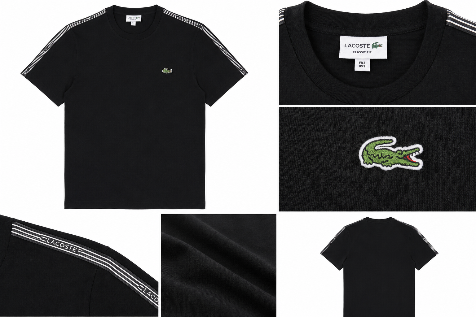 T-Shirt Lacoste Uomo Nera con Bande Logo sulle Spalle