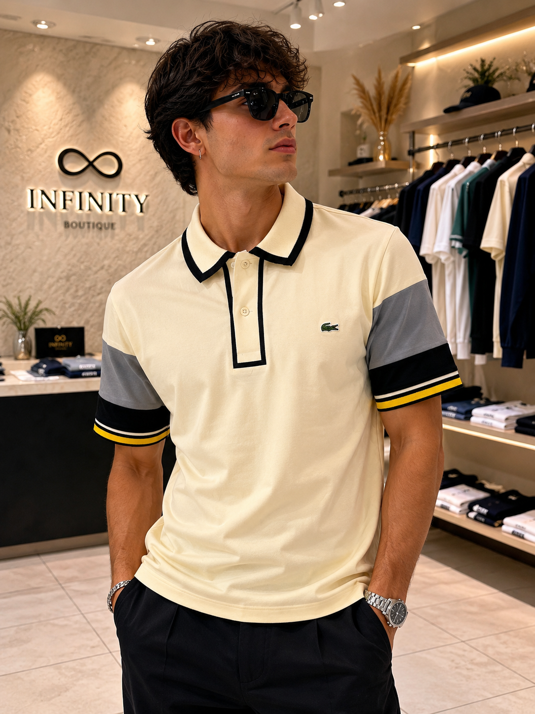Polo Uomo Lacoste Classic Fit Beige con Dettagli a Contrasto