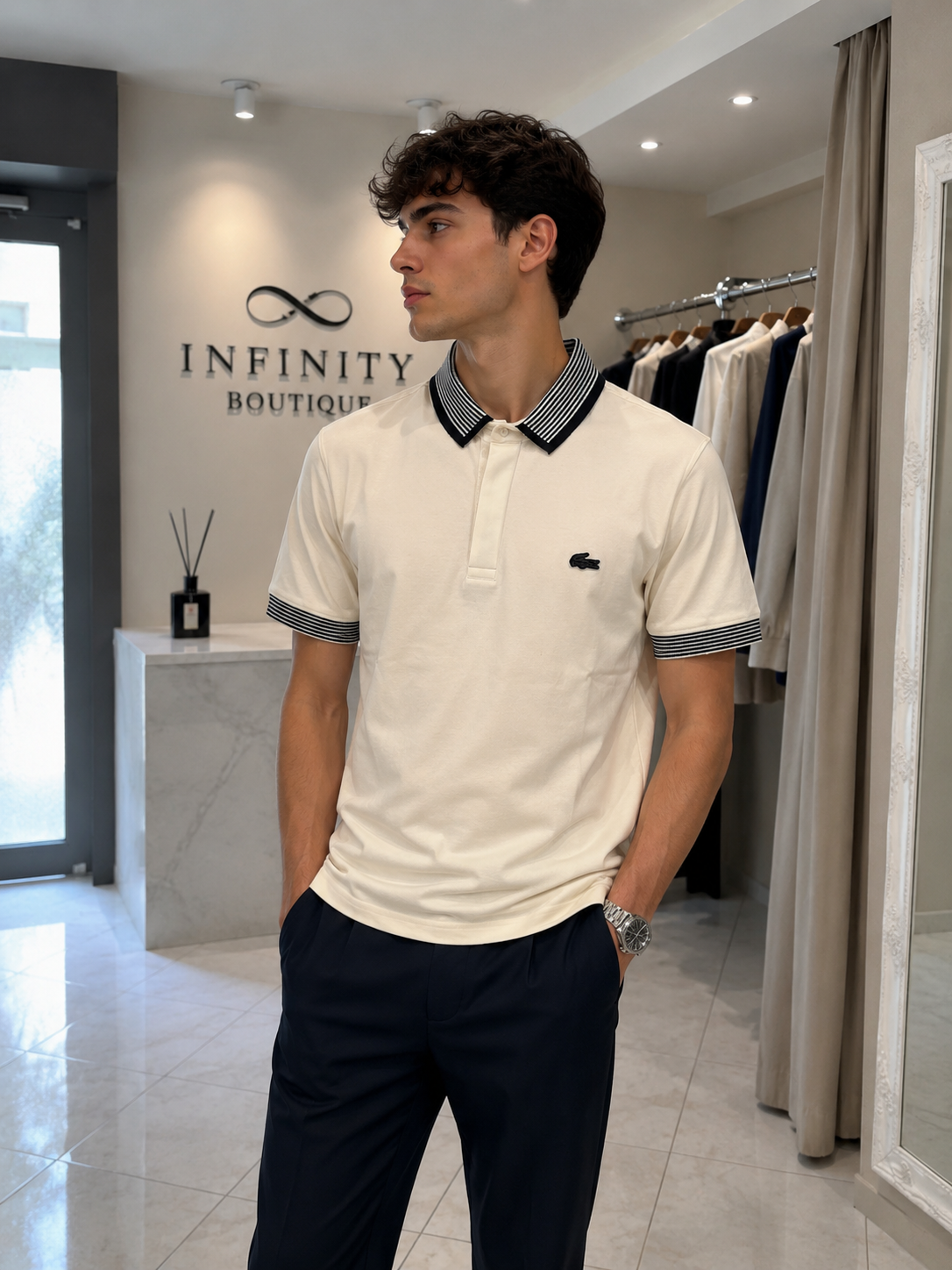 Polo Lacoste Uomo Panna con Collo e Polsini Rigati Nero/Bianco