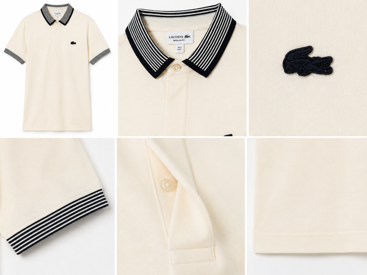 Polo Lacoste Uomo Panna con Collo e Polsini Rigati Nero/Bianco