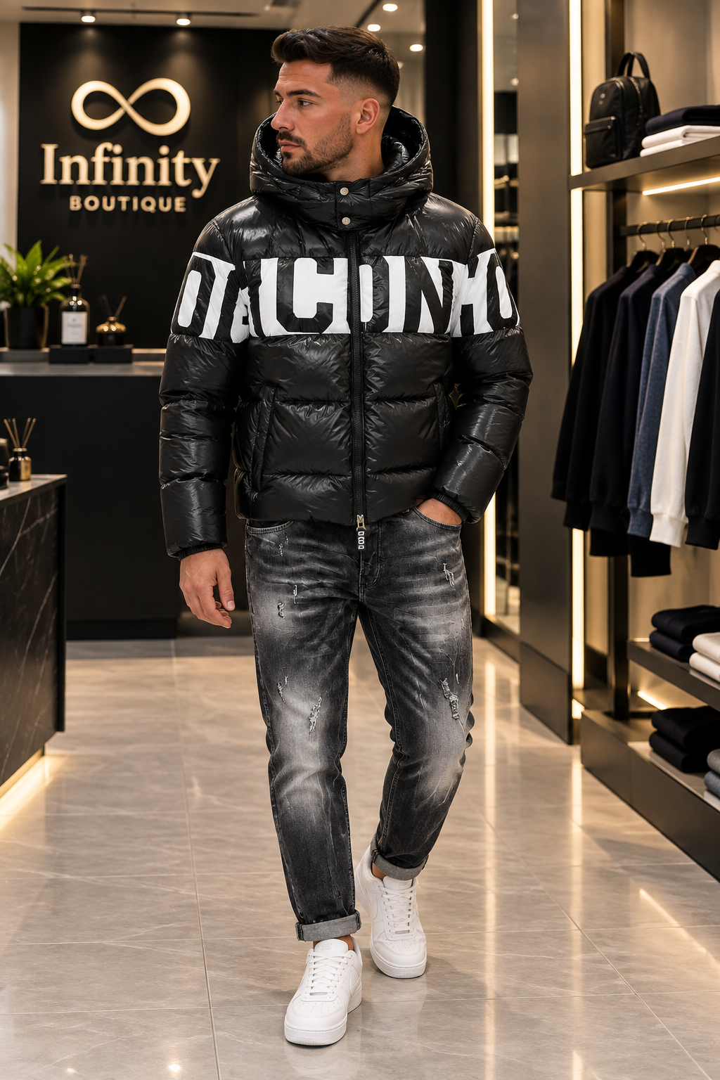 Giubbotto Uomo con Cappuccio ICON – avorio e Nero