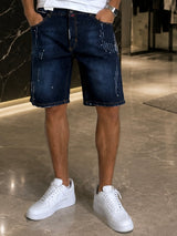 Bermuda patriot Jeans Uomo Denim Scuro Effetto Used con Schizzi di Vernice