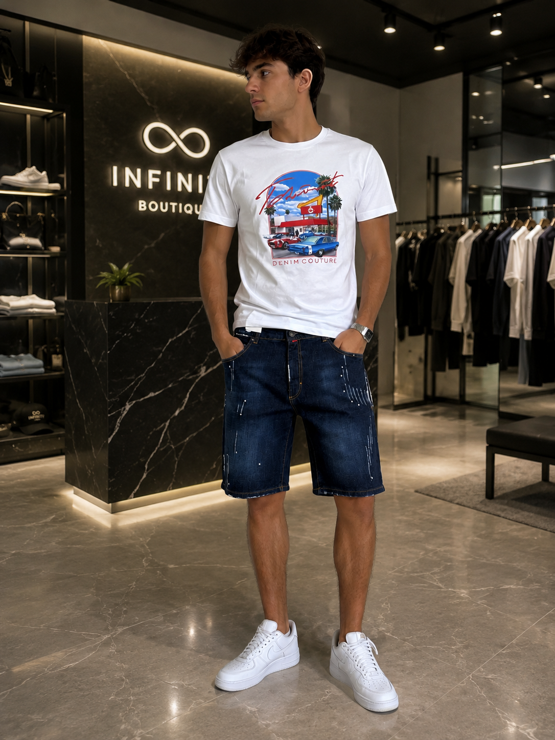 Bermuda patriot Jeans Uomo Denim Scuro Effetto Used con Schizzi di Vernice